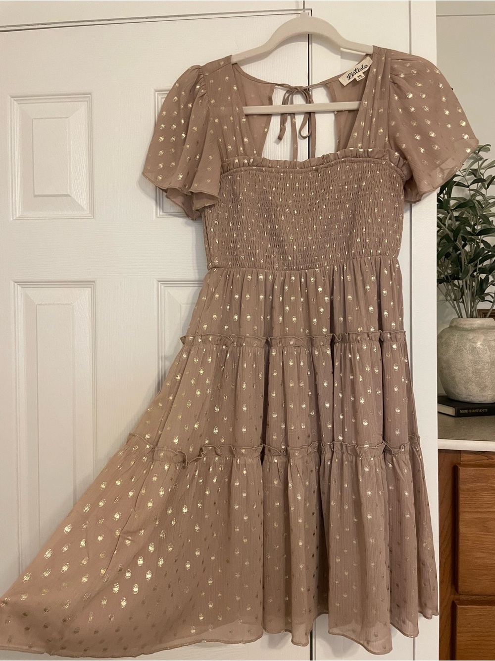 Listicle Taupe Dress with Gold Dot Accents
